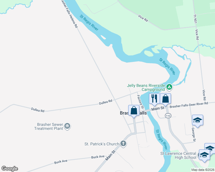 map of restaurants, bars, coffee shops, grocery stores, and more near 227 Brasher Falls-Helena Road in Brasher Falls