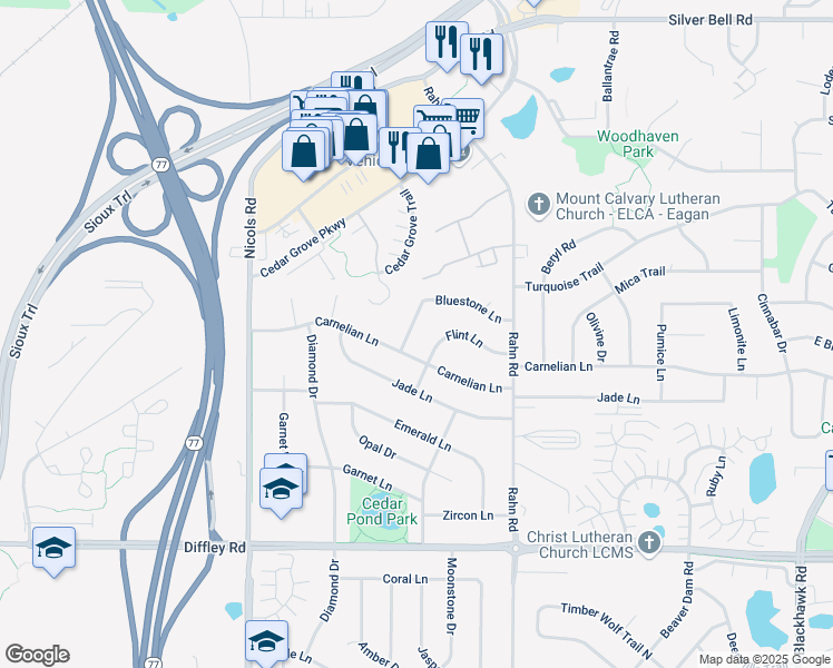 map of restaurants, bars, coffee shops, grocery stores, and more near 2074 Bluestone Lane in Eagan