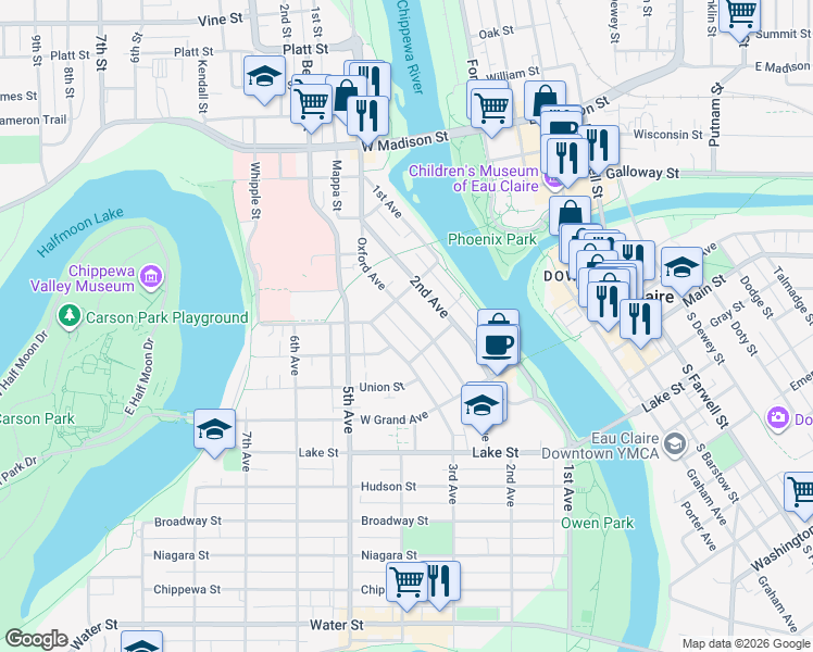 map of restaurants, bars, coffee shops, grocery stores, and more near 1033 Oxford Avenue in Eau Claire