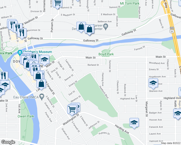 map of restaurants, bars, coffee shops, grocery stores, and more near Emery Street & Huebsch Boulevard in Eau Claire