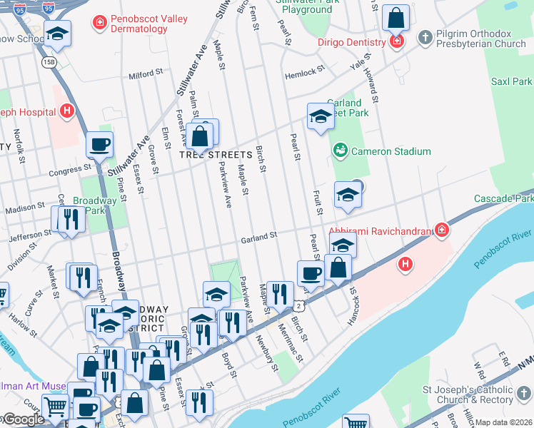 map of restaurants, bars, coffee shops, grocery stores, and more near 196 Birch Street in Bangor