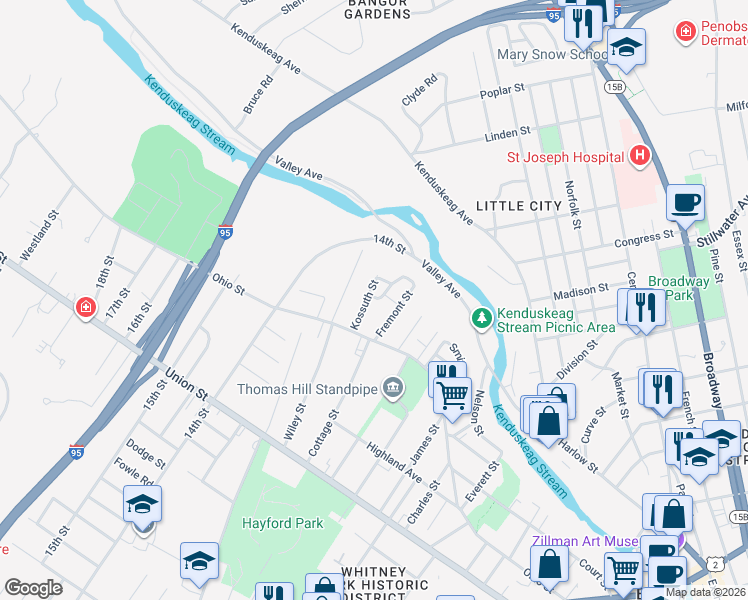 map of restaurants, bars, coffee shops, grocery stores, and more near 40 Kossuth Street in Bangor