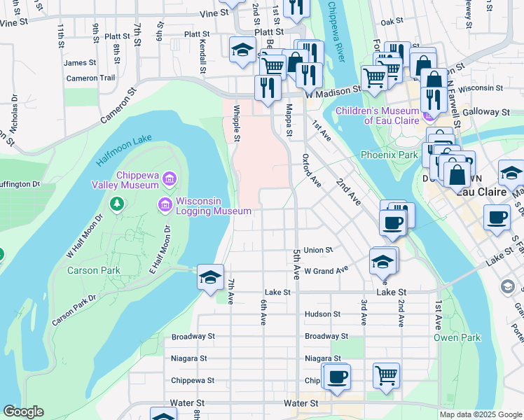 map of restaurants, bars, coffee shops, grocery stores, and more near 1115 6th Avenue in Eau Claire