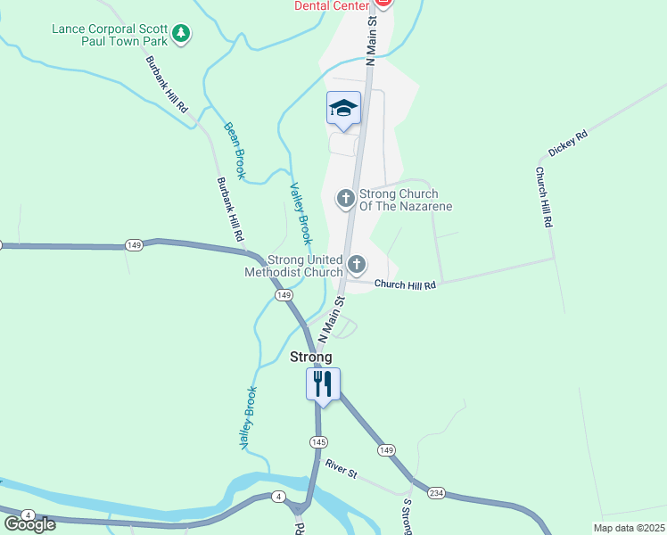map of restaurants, bars, coffee shops, grocery stores, and more near 185 North Main Street in Strong