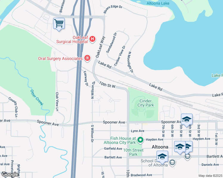 map of restaurants, bars, coffee shops, grocery stores, and more near 2363 Lake Road in Altoona