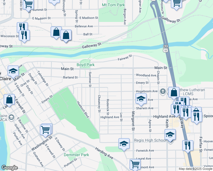 map of restaurants, bars, coffee shops, grocery stores, and more near 1408 Emery Street in Eau Claire