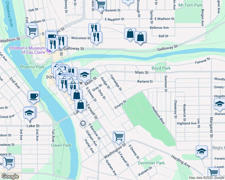 map of restaurants, bars, coffee shops, grocery stores, and more near 516 Talmadge Street in Eau Claire