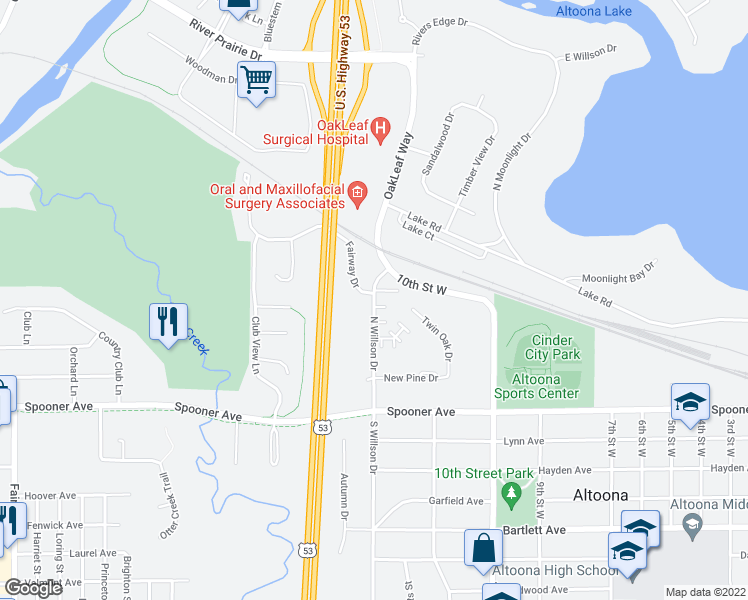 map of restaurants, bars, coffee shops, grocery stores, and more near 201 North Willson Drive in Altoona