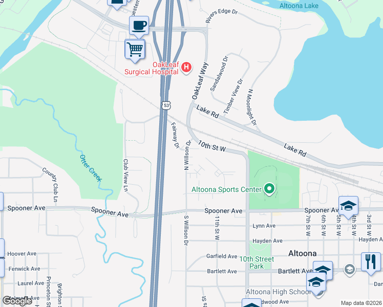 map of restaurants, bars, coffee shops, grocery stores, and more near 417 Twin Oak Drive in Altoona