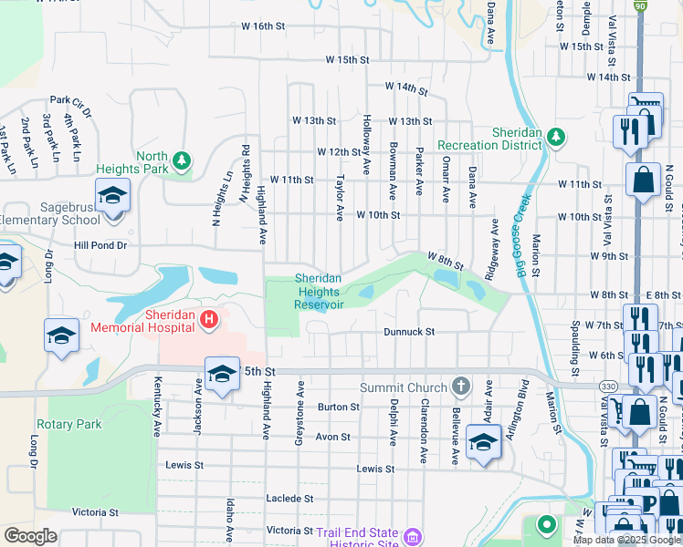 map of restaurants, bars, coffee shops, grocery stores, and more near 1201 Taylor Avenue in Sheridan