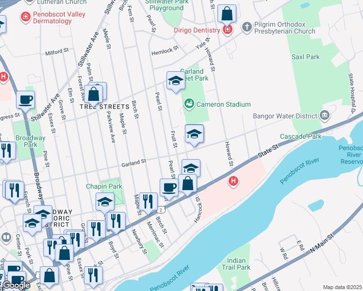 map of restaurants, bars, coffee shops, grocery stores, and more near 95 Fruit Street in Bangor