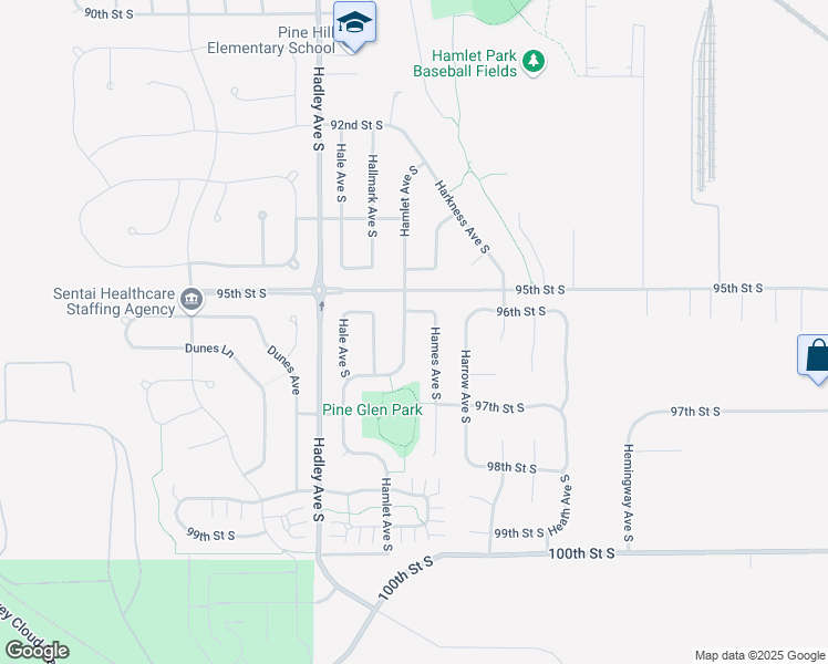 map of restaurants, bars, coffee shops, grocery stores, and more near 9623 Hamlet Avenue South in Cottage Grove
