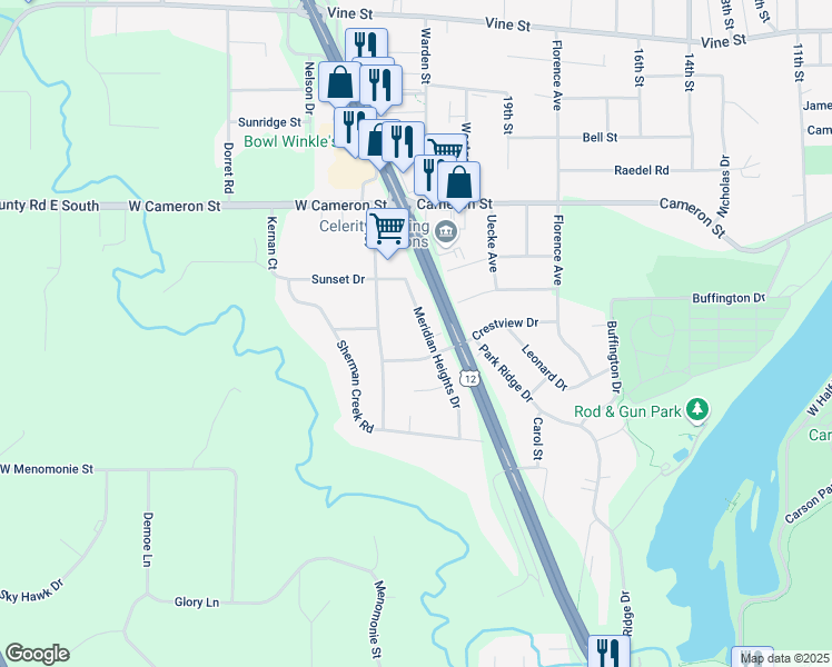 map of restaurants, bars, coffee shops, grocery stores, and more near 1120 Meridian Heights Drive in Eau Claire