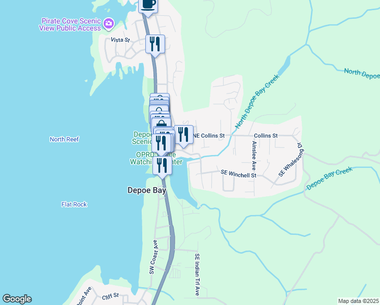 map of restaurants, bars, coffee shops, grocery stores, and more near 50 Cook Avenue in Depoe Bay