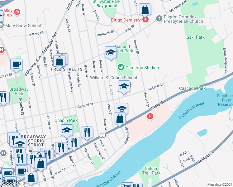 map of restaurants, bars, coffee shops, grocery stores, and more near 95 Fruit Street in Bangor