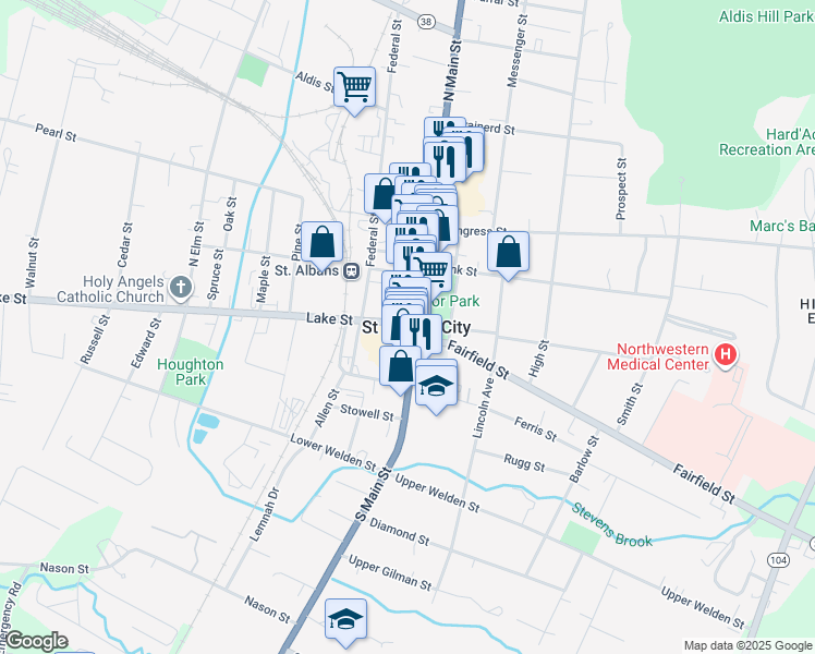 map of restaurants, bars, coffee shops, grocery stores, and more near 43 Lake Street in Saint Albans City