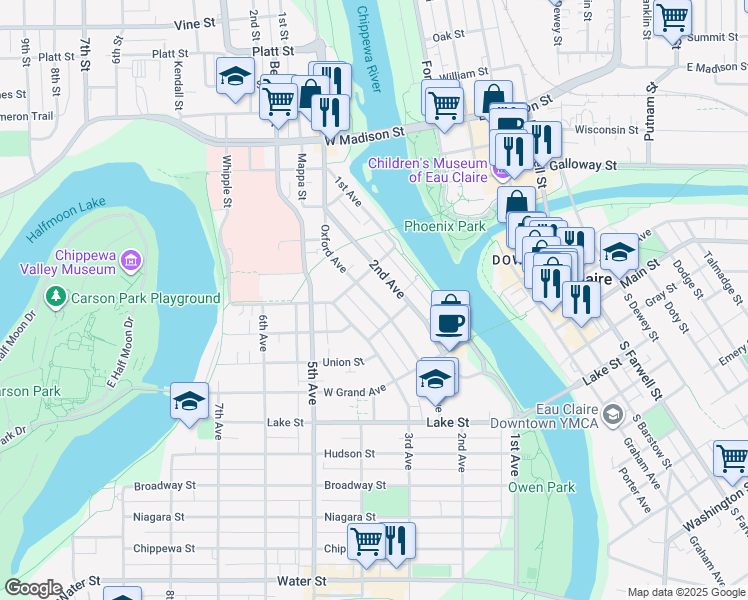 map of restaurants, bars, coffee shops, grocery stores, and more near 1033 Oxford Avenue in Eau Claire