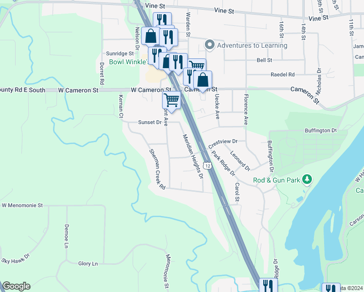 map of restaurants, bars, coffee shops, grocery stores, and more near 1130 Meridian Heights Drive in Eau Claire