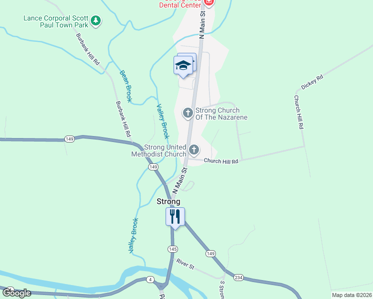 map of restaurants, bars, coffee shops, grocery stores, and more near 185 North Main Street in Strong