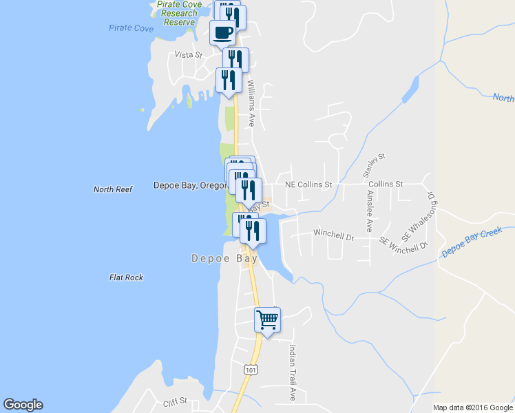 map of restaurants, bars, coffee shops, grocery stores, and more near 99 Bay Street in Depoe Bay