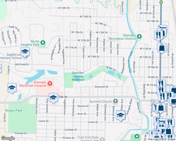 map of restaurants, bars, coffee shops, grocery stores, and more near 1201-1319 Taylor Avenue in Sheridan