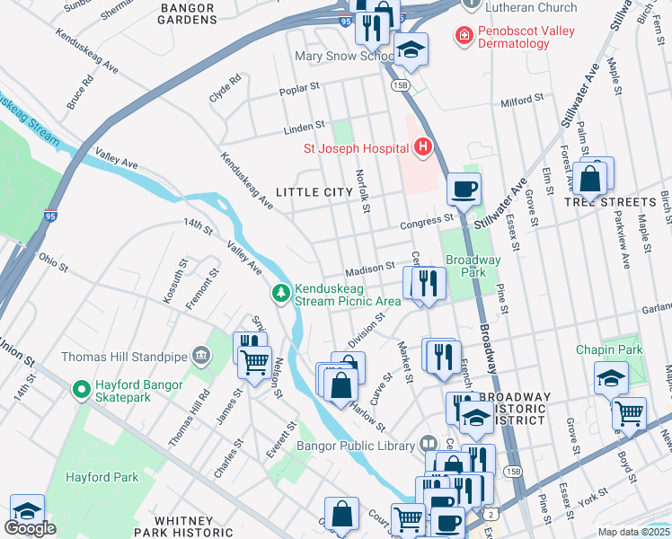 map of restaurants, bars, coffee shops, grocery stores, and more near 44 Fountain Street in Bangor