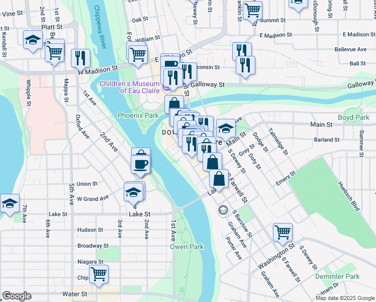 map of restaurants, bars, coffee shops, grocery stores, and more near in Eau Claire
