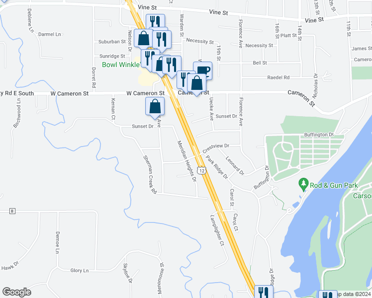 map of restaurants, bars, coffee shops, grocery stores, and more near 1130 Meridian Heights Drive in Eau Claire