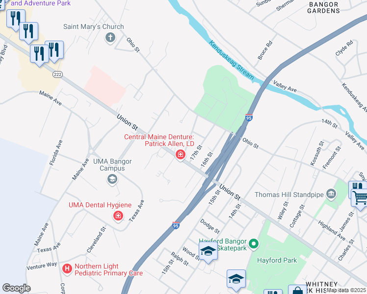 map of restaurants, bars, coffee shops, grocery stores, and more near 61 18th Street in Bangor