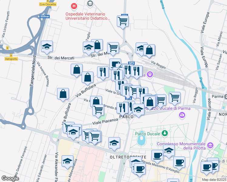 map of restaurants, bars, coffee shops, grocery stores, and more near 59 Viale la Grola in Parma