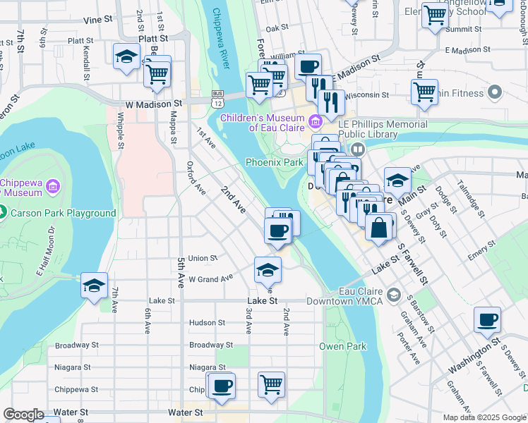 map of restaurants, bars, coffee shops, grocery stores, and more near 914 1st Avenue in Eau Claire