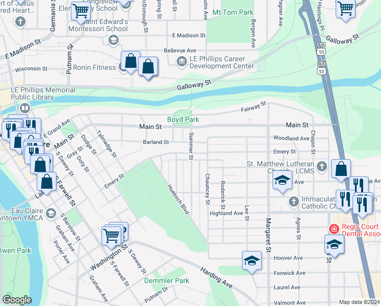 map of restaurants, bars, coffee shops, grocery stores, and more near 598 Summer Street in Eau Claire