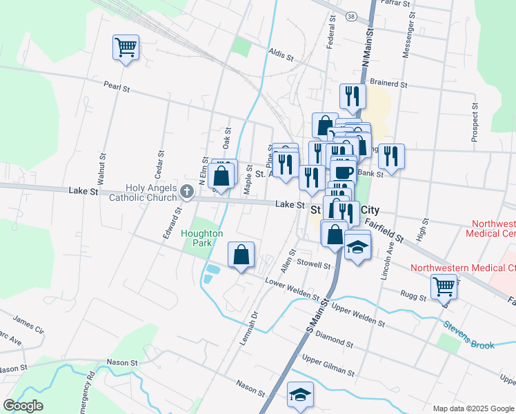 map of restaurants, bars, coffee shops, grocery stores, and more near 138 Lake Street in Saint Albans City