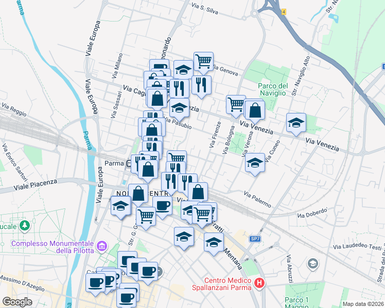 map of restaurants, bars, coffee shops, grocery stores, and more near 12 Via Brescia in Parma