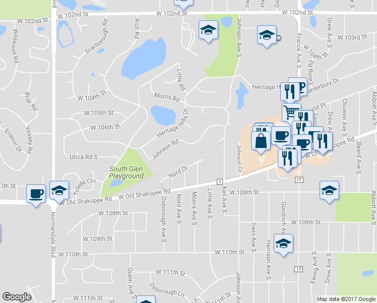 map of restaurants, bars, coffee shops, grocery stores, and more near 10553 Johnson Road in Minneapolis