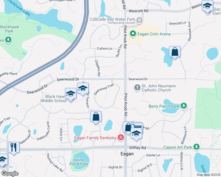 map of restaurants, bars, coffee shops, grocery stores, and more near 4006 Deerwood Trail in Eagan
