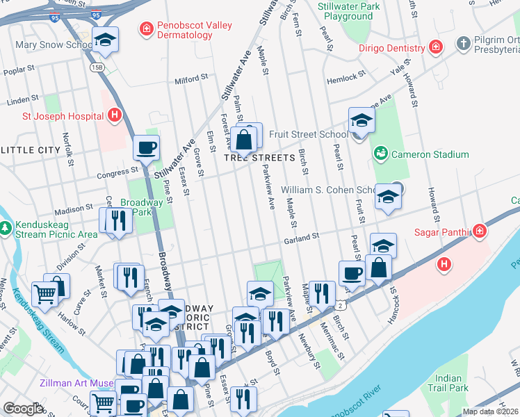 map of restaurants, bars, coffee shops, grocery stores, and more near 103 Palm Street in Bangor