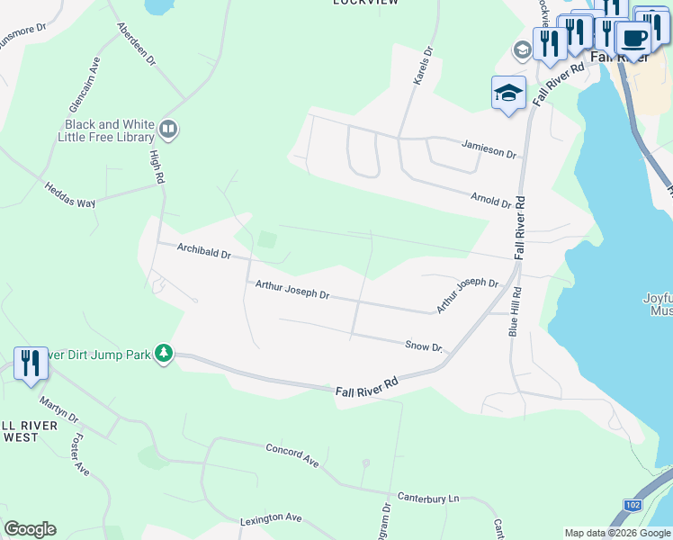 map of restaurants, bars, coffee shops, grocery stores, and more near 8 Castlewood Drive in Fall River