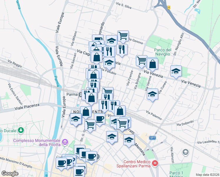 map of restaurants, bars, coffee shops, grocery stores, and more near 12 Via Brescia in Parma