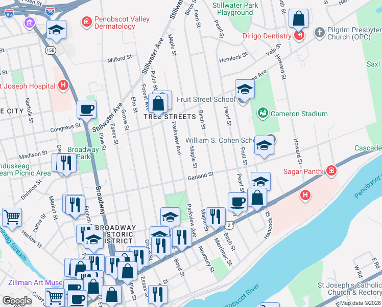 map of restaurants, bars, coffee shops, grocery stores, and more near 148 Maple Street in Bangor