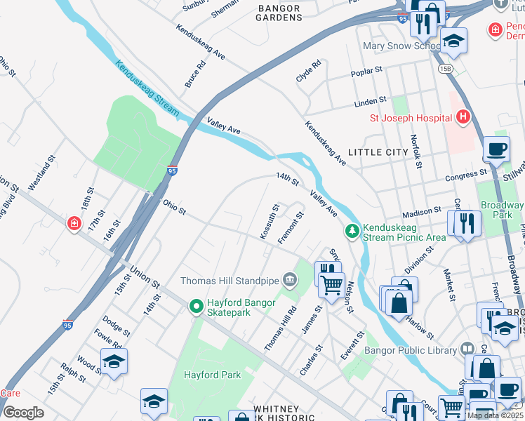 map of restaurants, bars, coffee shops, grocery stores, and more near 40 Kossuth Street in Bangor