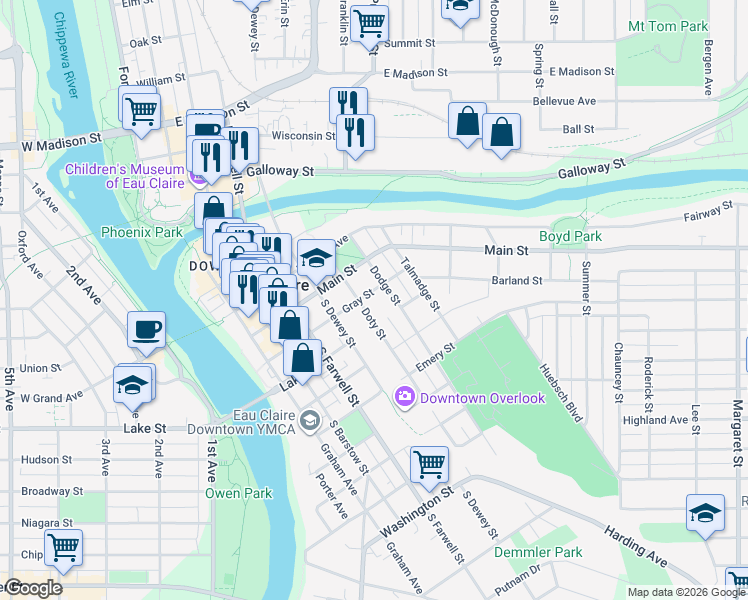 map of restaurants, bars, coffee shops, grocery stores, and more near 611 Gray Street in Eau Claire