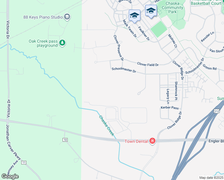 map of restaurants, bars, coffee shops, grocery stores, and more near 65 Virginia Way in Chaska