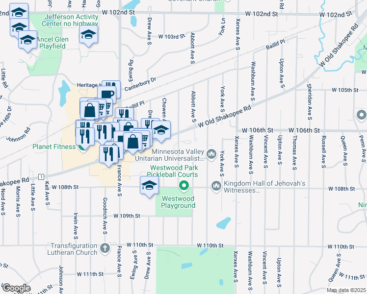 map of restaurants, bars, coffee shops, grocery stores, and more near 10619 Beard Avenue South in Bloomington