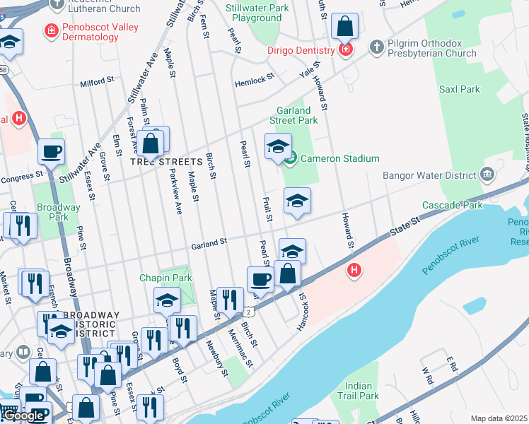 map of restaurants, bars, coffee shops, grocery stores, and more near 100 Fruit Street in Bangor