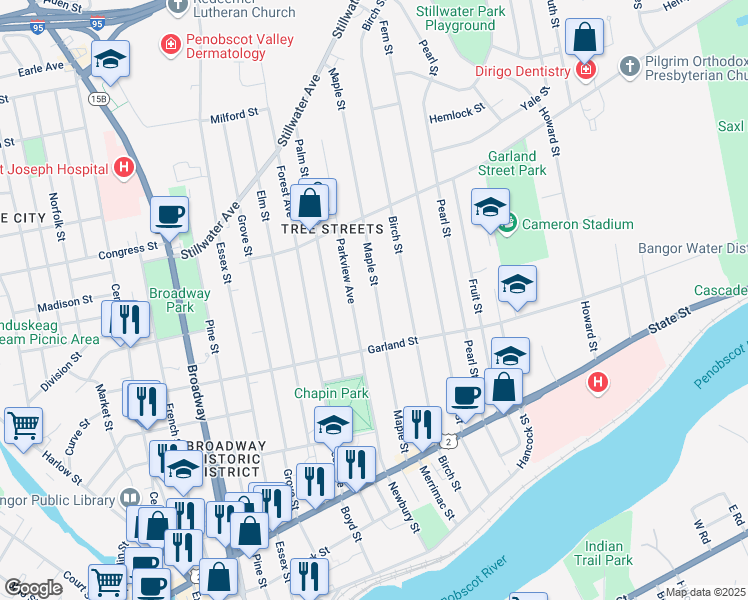 map of restaurants, bars, coffee shops, grocery stores, and more near 148 Maple Street in Bangor