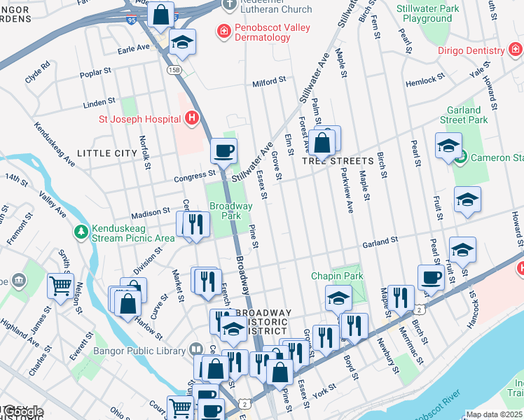 map of restaurants, bars, coffee shops, grocery stores, and more near 282 Essex Street in Bangor