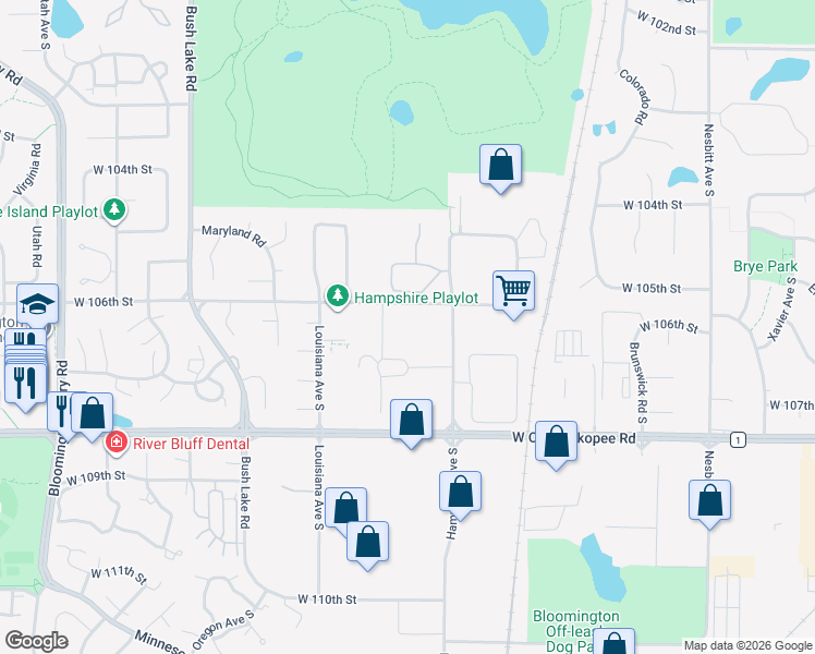 map of restaurants, bars, coffee shops, grocery stores, and more near 6701 West 106th Street in Bloomington