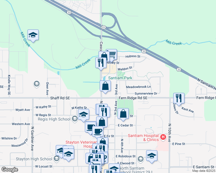 map of restaurants, bars, coffee shops, grocery stores, and more near 2201 North 3rd Avenue in Stayton