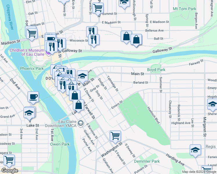 map of restaurants, bars, coffee shops, grocery stores, and more near 516 Talmadge Street in Eau Claire